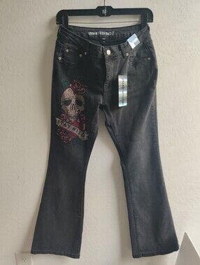 🆕 Urban Weekend Punk Rock Black Flare Jeans w/ Rhinestone Skull & Rose Accent_9